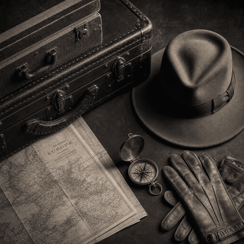 A vintage travel still-life of a steamer trunk, map, hat and compass